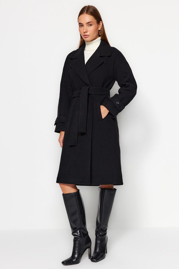 Trendyol Trendyol Black Oversize Wide-Cut Belted Long Stamped Coat