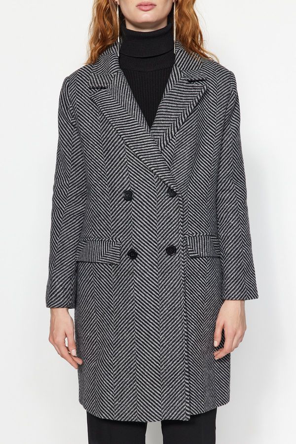 Trendyol Trendyol Black Oversize Wide-Cut Herringbone Pattern Long Cachet Coat