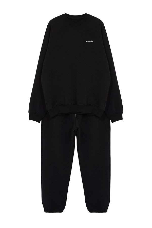 Trendyol Trendyol Black Oversize / Wide Cut Text Printed Tracksuit Set with Fleece Inside