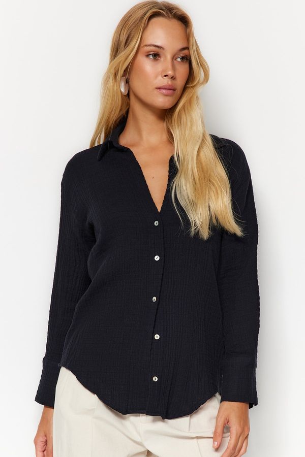 Trendyol Trendyol Black Oversize/Cross-Wear Muslin Woven Shirt