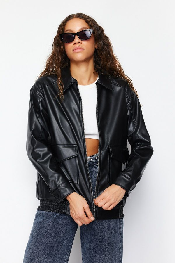 Trendyol Trendyol Black Oversized Faux Leather Jacket Coat