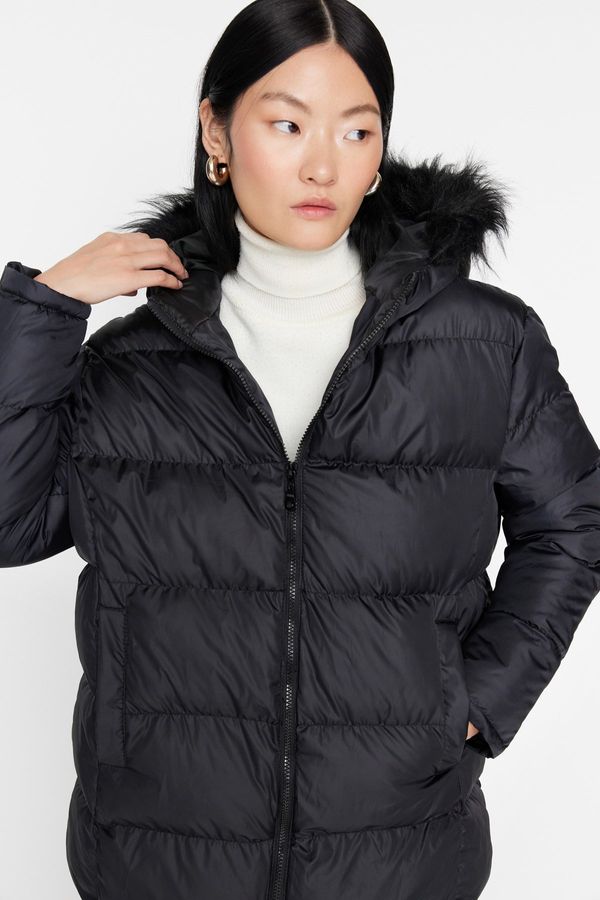 Trendyol Trendyol Black Oversized Fur Hooded Puffy Coat