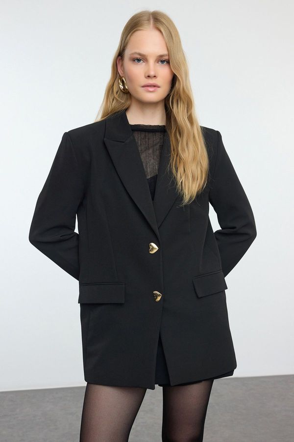Trendyol Trendyol Black Oversized Heart Button Woven Blazer Jacket