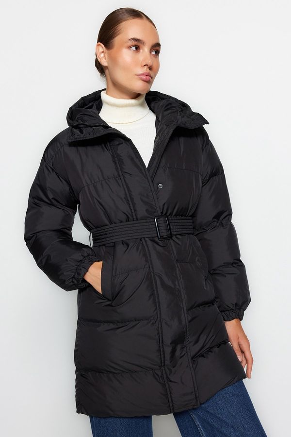 Trendyol Trendyol Black Oversized Long Inflatable Coat, Water-Repellent with a Belted Hooded