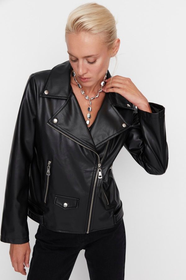 Trendyol Trendyol Black Oversized Pocket Detailed Faux Leather Biker Jacket Coat