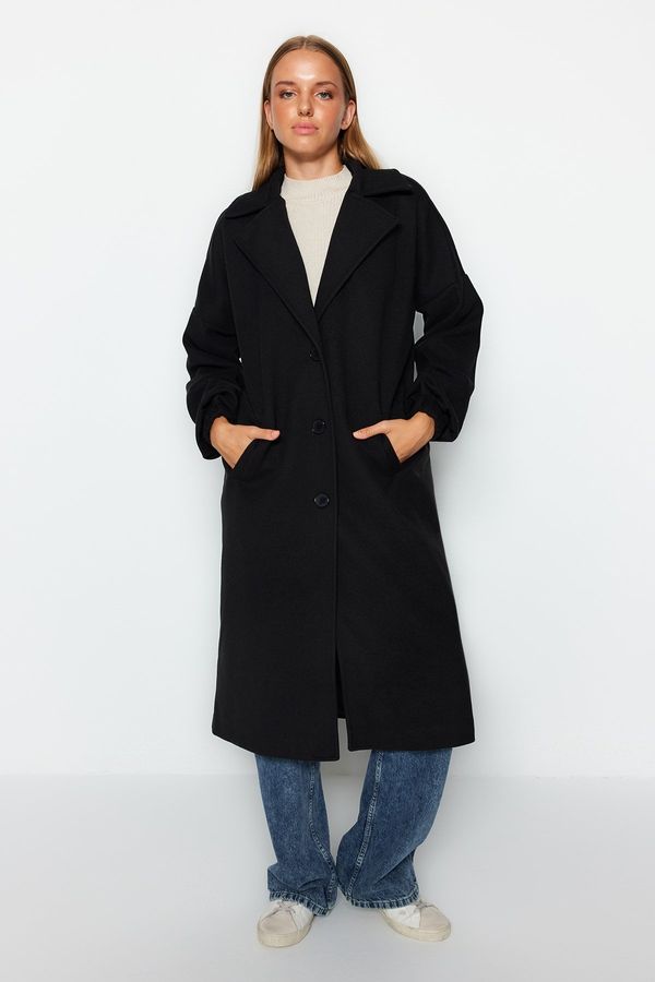 Trendyol Trendyol Black Oversized Wide-Cut Balloon Sleeve Detailed Long Stamped Coat