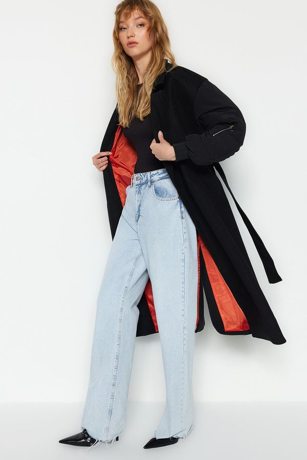 Trendyol Trendyol Black Oversized Wide-Cut Belted Bomber Sleeve Detailed Long Stamped Coat