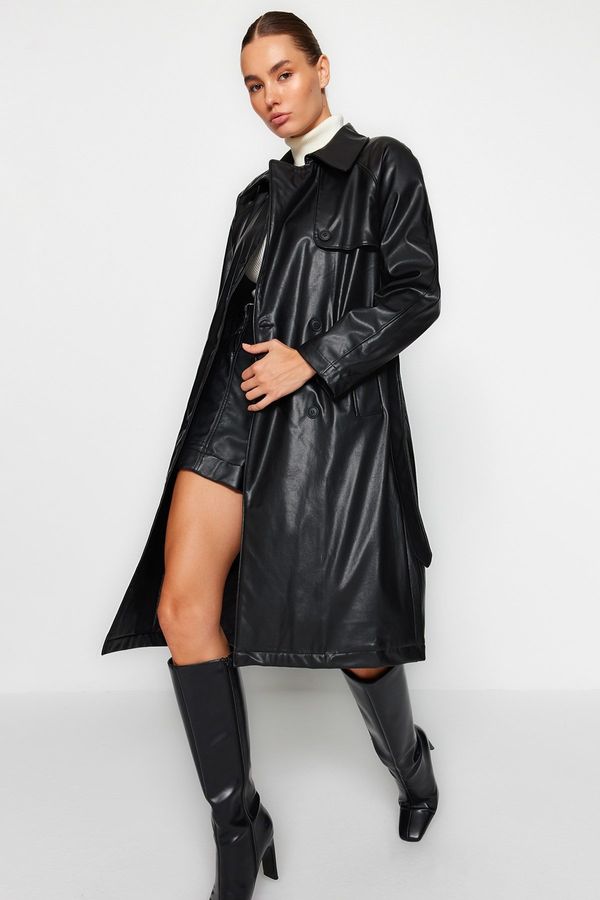 Trendyol Trendyol Black Oversized Wide-Cut Faux Leather with a Belt Water-Repellent Trench Coat