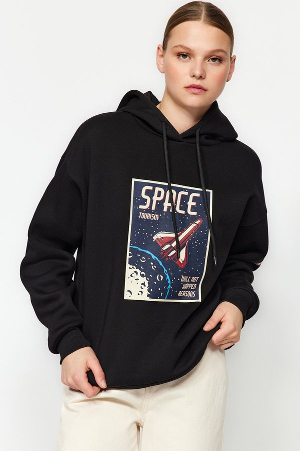 Trendyol Trendyol Black Oversized/Wide-Cut Knitted Sweatshirt with a Space Print Thick Fleece Inside