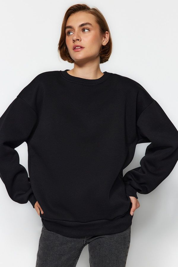 Trendyol Trendyol Black Oversize/Loose Cut Crew Neck Thick/Polar inside Knitted Sweatshirt