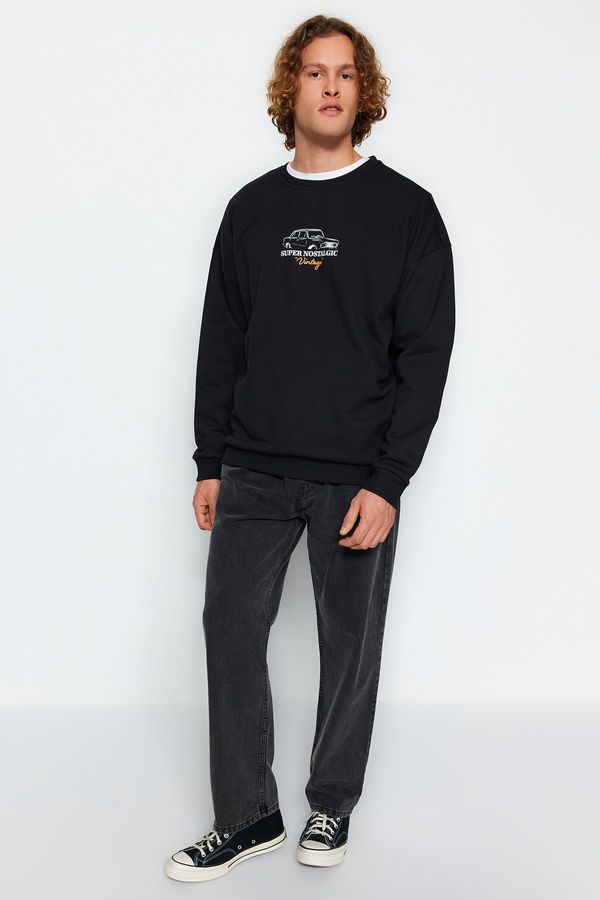 Trendyol Trendyol Black Oversize/Wide Cut Crew Neck Long Sleeve Car Print Sweatshirt