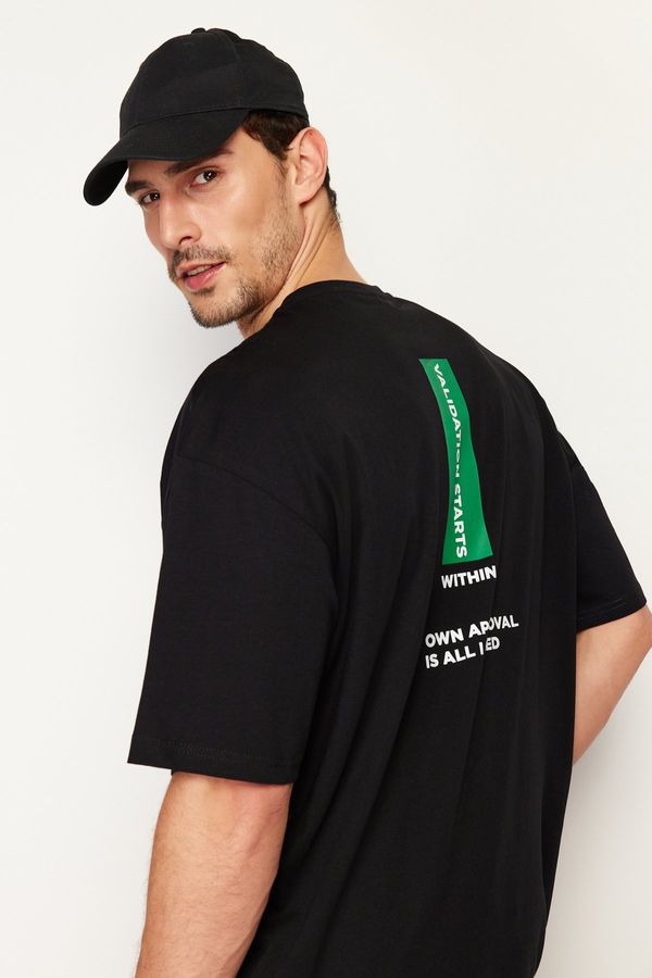 Trendyol Trendyol Black Oversize/Wide Cut Crew Neck Text Printed 100% Cotton T-Shirt