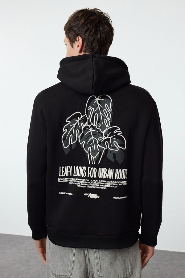 Trendyol Trendyol Black Oversize/Wide Cut Embossed Print and Back Embroidery Detail Inside Polar Fleece Sweatshirt