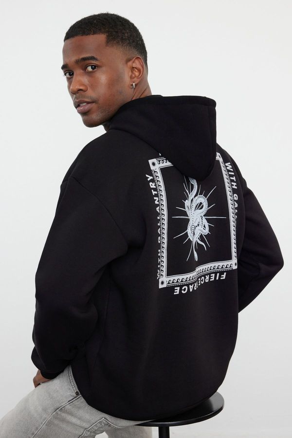 Trendyol Trendyol Black Oversize/Wide Cut Hooded Back Mystic Printed Fleece Sweatshirt