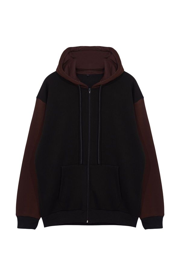 Trendyol Trendyol Black Oversize/Wide Cut Hooded Color Block Fleece Inside/Warm Zippered Cardigan/Sweatshirt