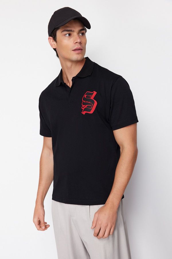 Trendyol Trendyol Black Oversize/Wide Cut Letter Embroidered Polo Neck T-shirt