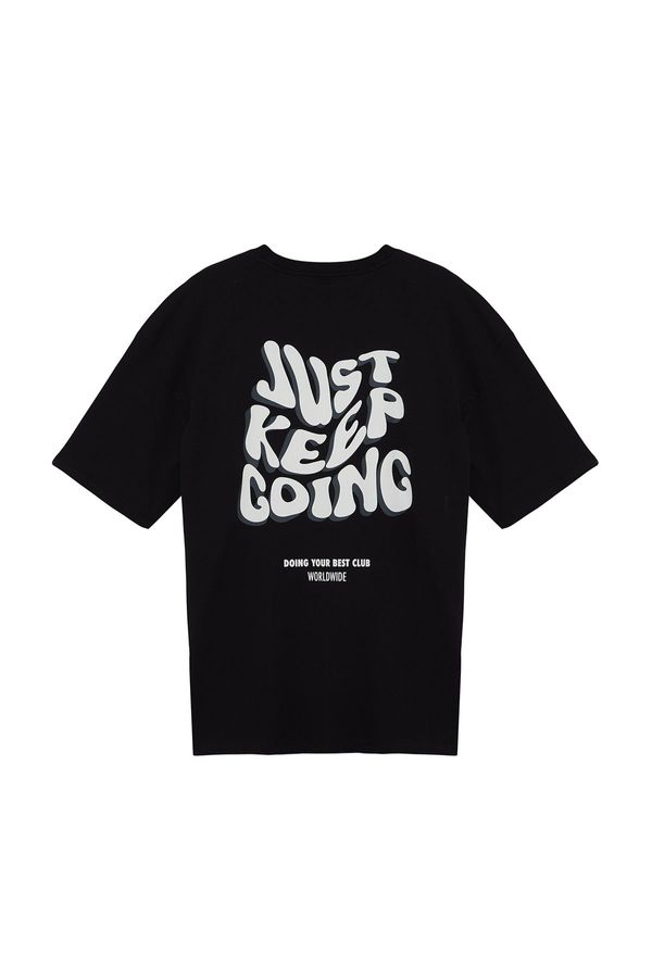 Trendyol Trendyol Black Oversize/Wide Cut More Sustainable Text Printed 100% Organic Cotton T-shirt