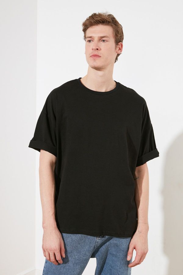 Trendyol Trendyol Black Oversize/Wide Cut Text Printed Short Sleeve 100% Cotton T-Shirt