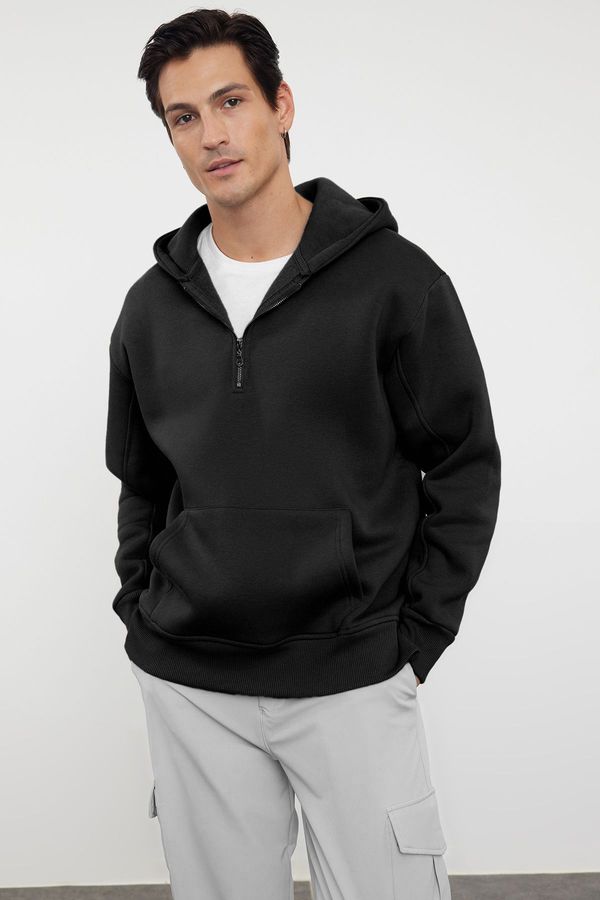 Trendyol Trendyol Black Oversize/Wide Cut Zippered Hooded Fleece Inside Basic Sweatshirt