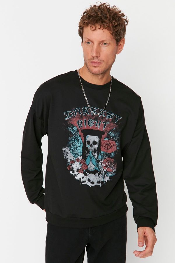 Trendyol Trendyol Black Oversize/Wide-Fit Crew Neck Rock Theme Sweatshirt