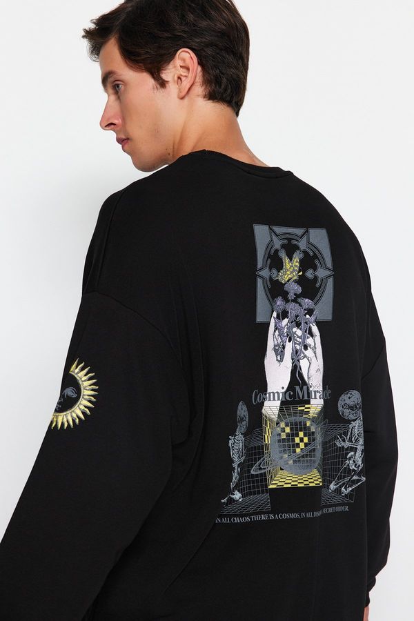 Trendyol Trendyol Black Oversize/Wide-Fit Crew Neck Space Printed Cotton Sweatshirt