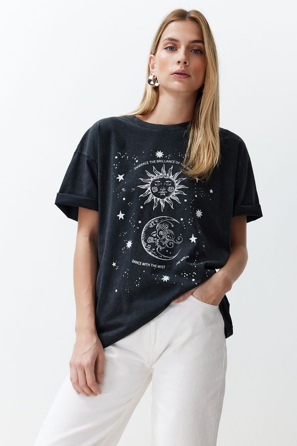 Trendyol Trendyol Black Oversize/Wide Fit Galaxy Print Washed Knitted T-Shirt