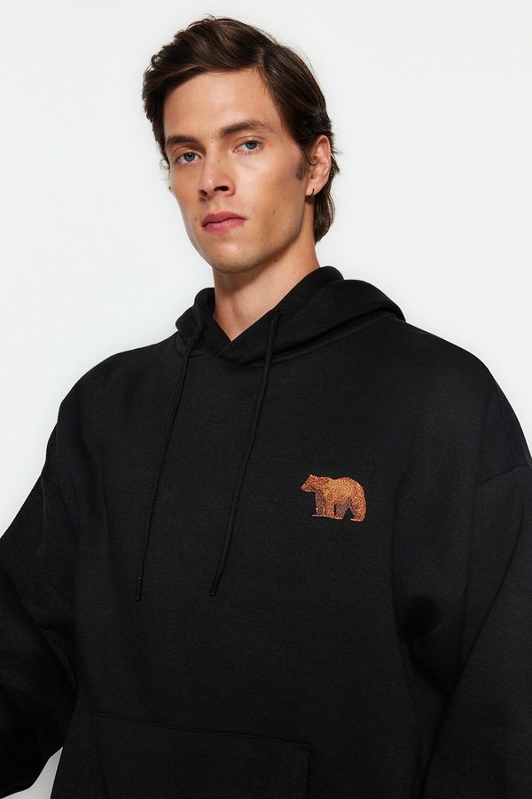 Trendyol Trendyol Black Oversize/Wide-Fit Hooded Animal Embroidery Fleece Cotton Sweatshirt
