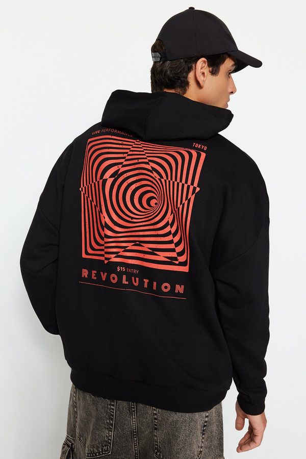 Trendyol Trendyol Black Oversize/Wide Fit Hooded Labyrinth Print Fleece Cotton Sweatshirt