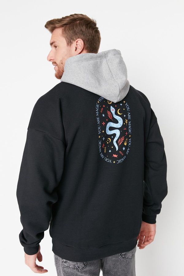 Trendyol Trendyol Black Oversize/Wide-Fit Hooded Text Printed Fleece Inside Sweatshirt