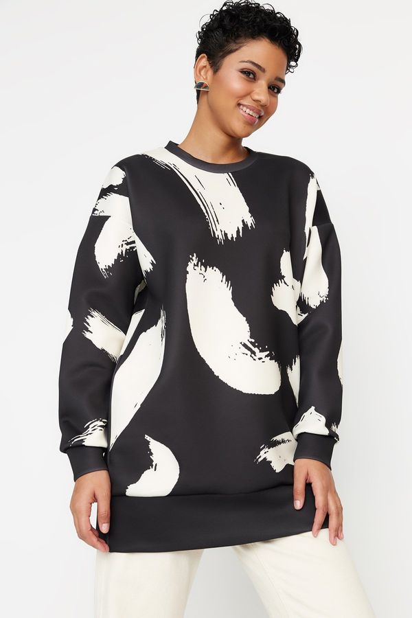 Trendyol Trendyol Black Patterned Crew Neck Scuba Knitted Sweatshirt