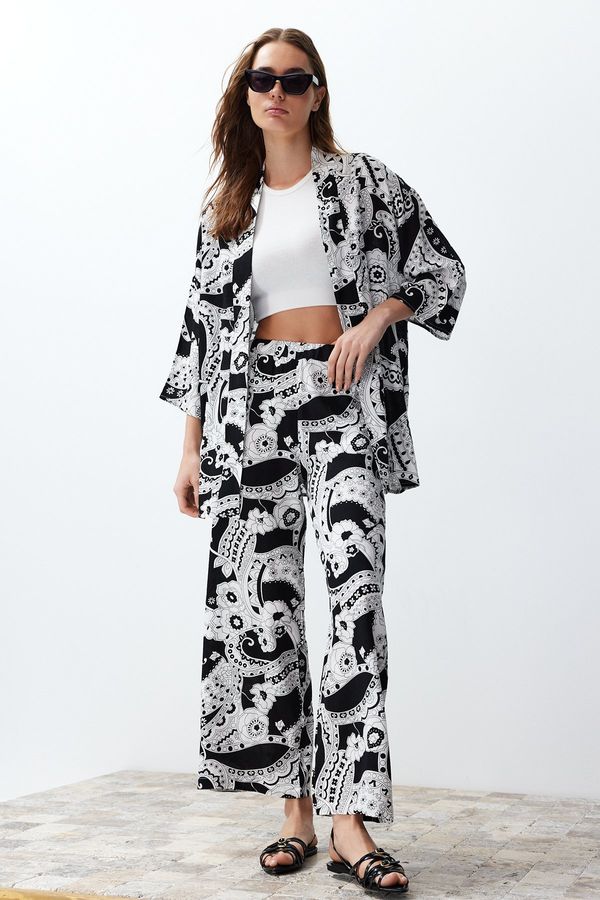 Trendyol Trendyol Black Patterned Kimono Trousers Woven Bottom-Top Set