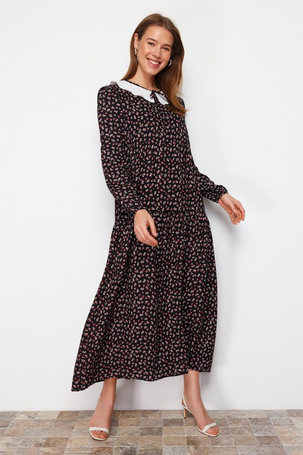 Trendyol Trendyol Black Patterned Scallop Lacing Collar Detailed Viscose Dress