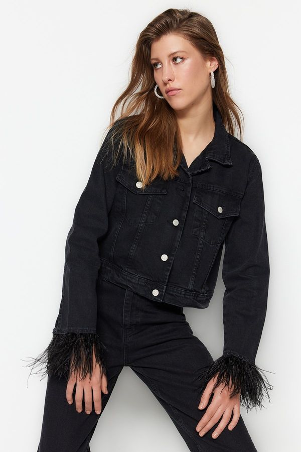 Trendyol Trendyol Black Pile Trucker Crop Denim Jacket