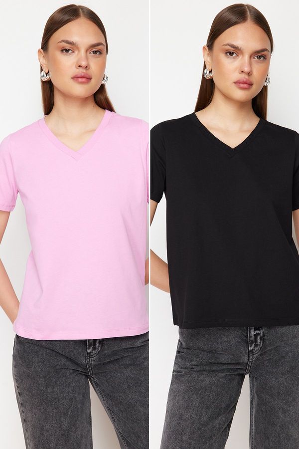 Trendyol Trendyol Black-Pink 100% Cotton 2-Pack Basic V-Neck Knitted T-Shirt