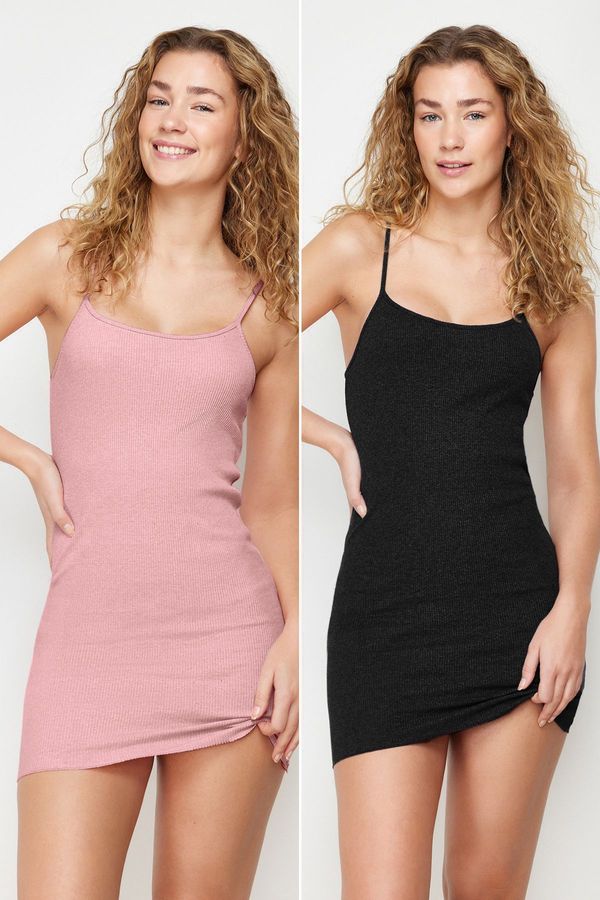 Trendyol Trendyol Black-Pink 2-pack 58% Polyester,42% Cotton Solid Camisole Knitted Nightgown