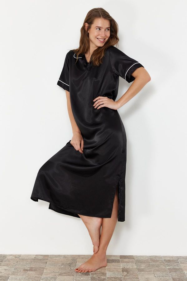 Trendyol Trendyol Black Piping and Slit Detailed Satin Woven Nightgown