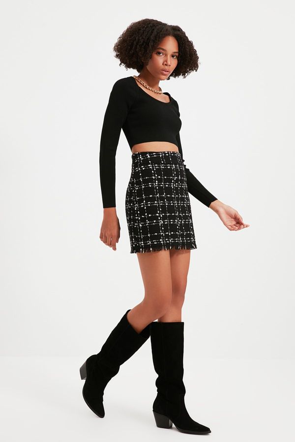 Trendyol Trendyol Black Plaid Tweed Fabric Mini Woven Skirt