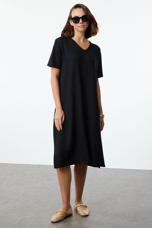 Trendyol Trendyol Black Plain Maxi V Neck Relaxed/Comfortable Cut Flexible Maxi Knit Dress