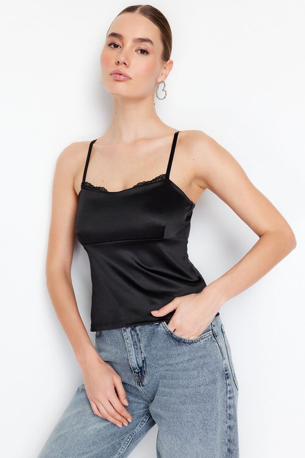 Trendyol Trendyol Black Plain Satin Regular Strappy Lace Detail Knitted Blouse