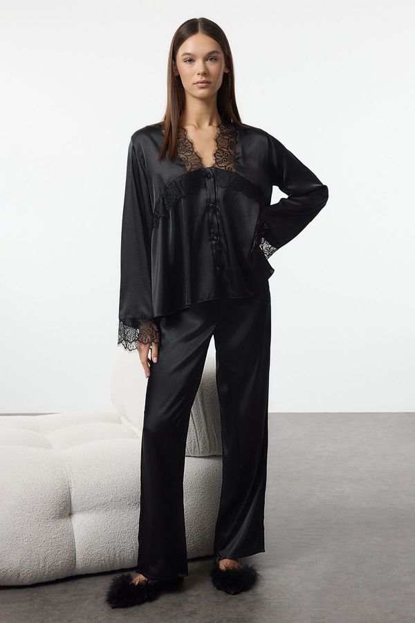 Trendyol Trendyol Black Plain Satin Woven Pajama Set