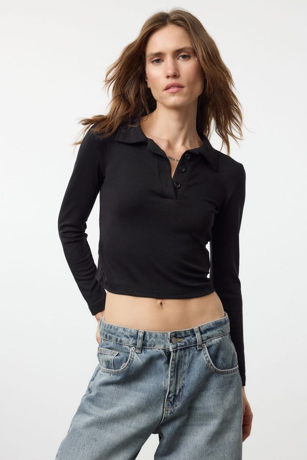 Trendyol Trendyol Black Plain Soft Fabric Fitted Polo Neck Buttoned Stretchy Knitted Blouse