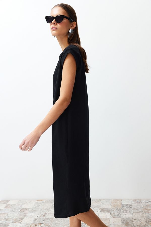 Trendyol Trendyol Black Plain T-shirt Dress 100% Cotton Moon Sleeve Shift/Relax Cut Midi Midi Dress