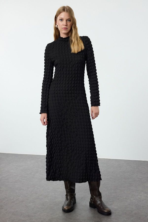 Trendyol Trendyol Black Plain Textured High Collar A-Line Flexible Maxi Knitted Dress