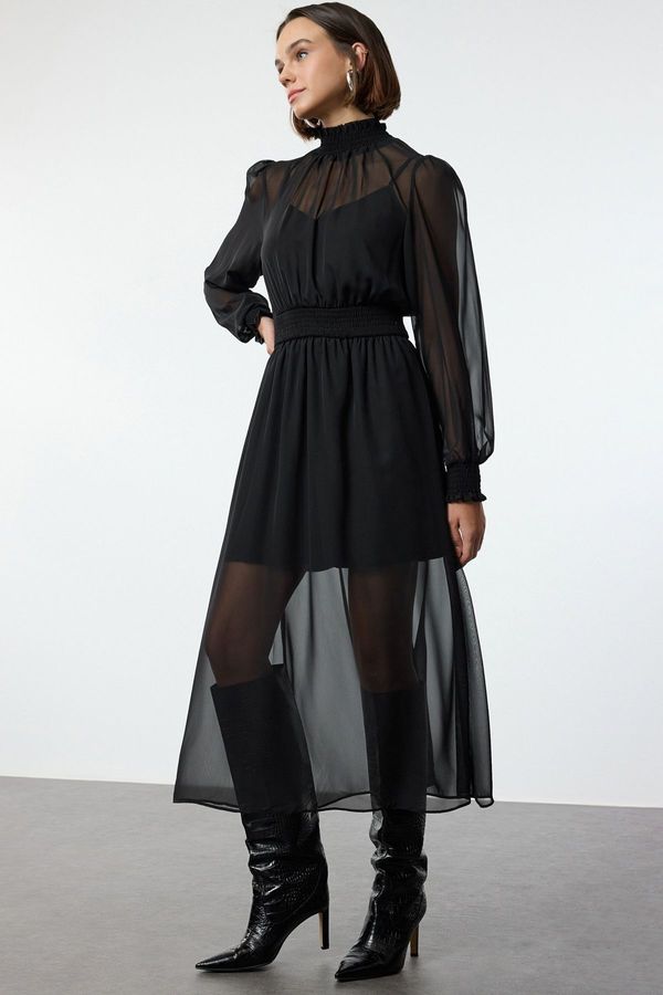 Trendyol Trendyol Black Plain Waist Opening Gathered Stand Collar Midi Chiffon Lined Woven Dress