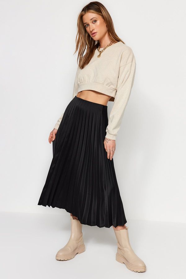 Trendyol Trendyol Black Pleat Detailed Satin Fabric Midi Length Woven Skirt