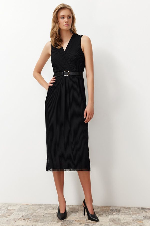 Trendyol Trendyol Black Pleated Double Breasted Collar Chiffon Lined Midi Woven Dress