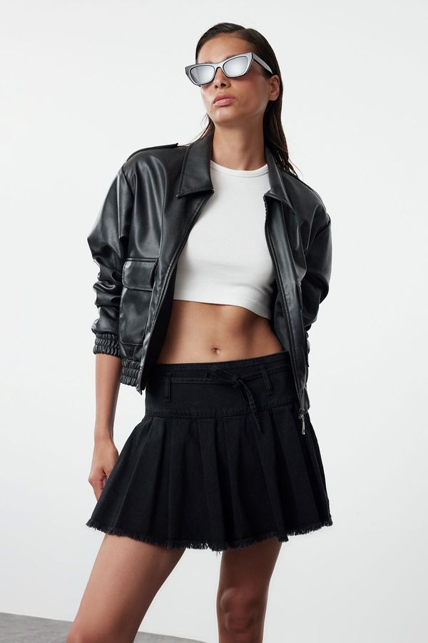 Trendyol Trendyol Black Pleated Tied Mini Denim Shorts Skirt