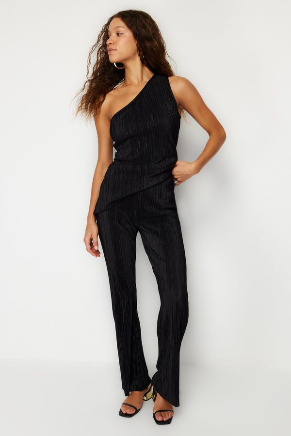 Trendyol Trendyol Black Pleated Wide Leg / Wide Leg Lined Stretchy Knitted Trousers