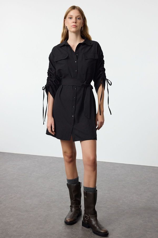 Trendyol Trendyol Black Pocket and Gather Detailed Mini Woven Shirt Dress