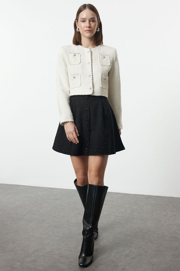 Trendyol Trendyol Black Pocket Detailed Front Buttoned Flared Tweed Fabric Mini Length Woven Skirt